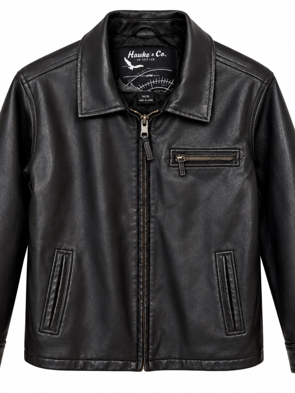 Hawke & Co Black Faux Leather Bomber Jacket with Zip Pocket